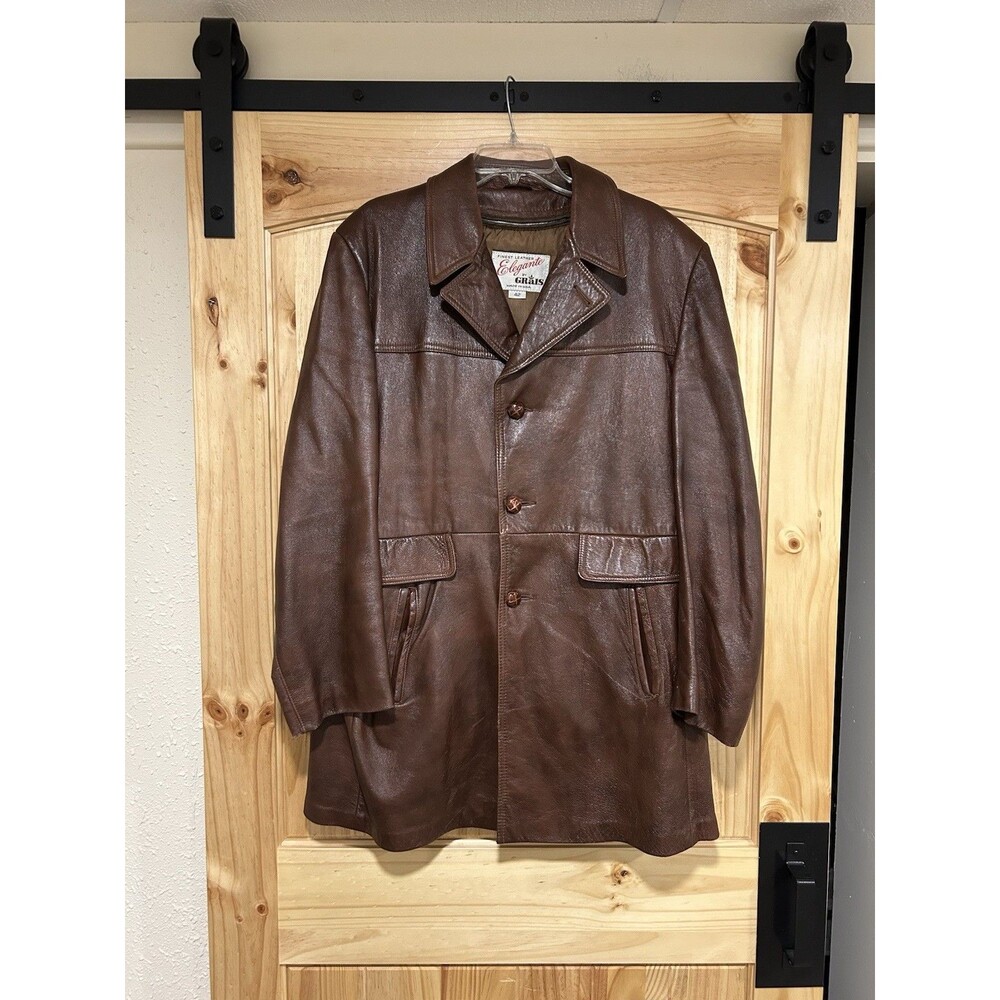 Vintage 70s Grais Elegante Leather Coat Jacket Mens Brown Thinsulate Lining 42